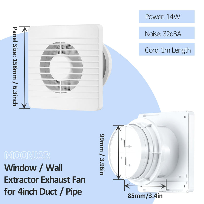 4inch Exhaust Fan, Window Wall Mount Vent Extractor Fan | Button Switch, Cord Included, For Kitchen Bathroom Workshop Garage, Grilles Panel with Mesh 4inch Grilles Panel with Mesh