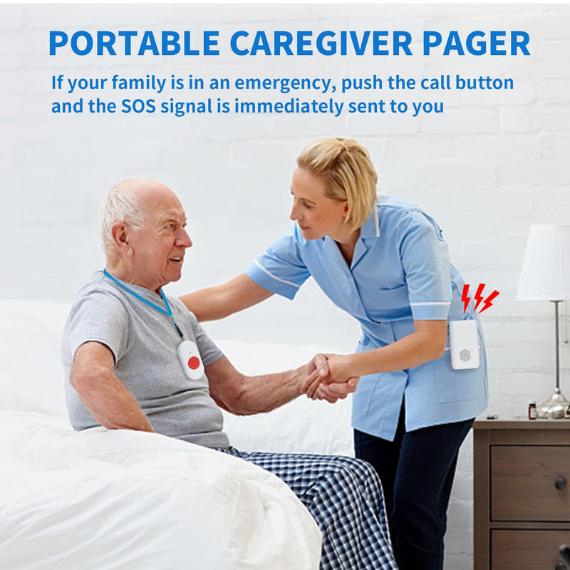 Wireless Caregiver Pager Nurse Alert System SOS Call Button Vibration Pager Nurse Calling Alert System with 58 Melodies 4 Adjust Volume Levels for Patients Seniors Elderly Monitoring at Home 1 Receiver 1 Call Button
