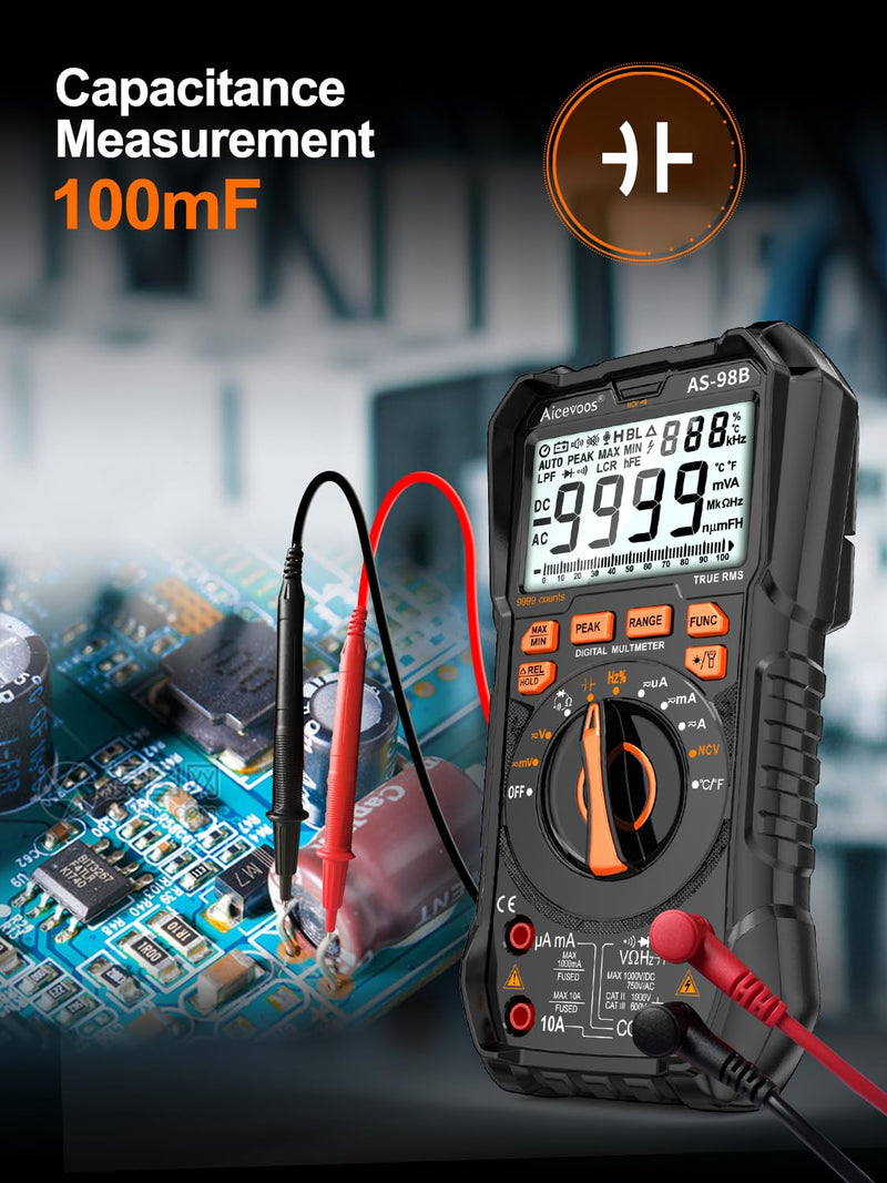 [Australia - AusPower] - Multimeter Digital Multimeter, 9999 Counts DC AC Voltmeter and Ohm Volt Amp Tester, Auto-Ranging Fast Accurately Measures Voltage Current (DC/AC Current) 