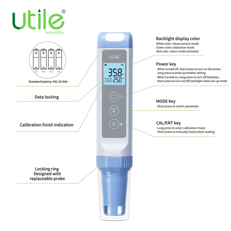 Utile pH Meter,±0.01pH Accuracy pH Tester Kit, Auto Temp. Compensation, Auto 1-3 Points Calibration,Waterproof,LCD Display,4434.0003.1