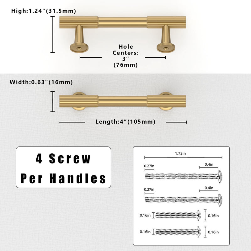 10 Pack Brushed Brass Cabinet Pulls 3 Inch(76mm) Kitchen Cabinet Handles Solid Zinc Alloy Cabinet Hardware Drawer Pulls 3" Hole Center 10