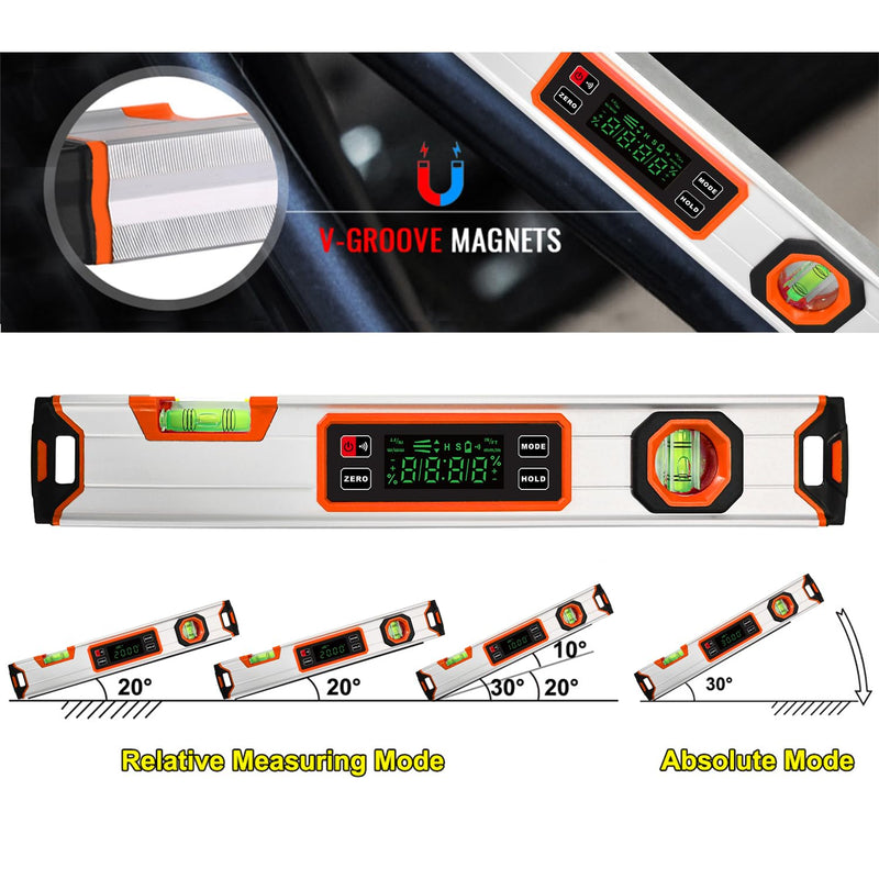 [Australia - AusPower] - 15.7-Inch Digital Torpedo Level & Angle Finder – IP54 Waterproof Inclinometer with Backlit LCD, V-Groove Magnetic Base, 0.1° Accuracy – for Construction, Woodworking, Metalworking（Orange) Orange 