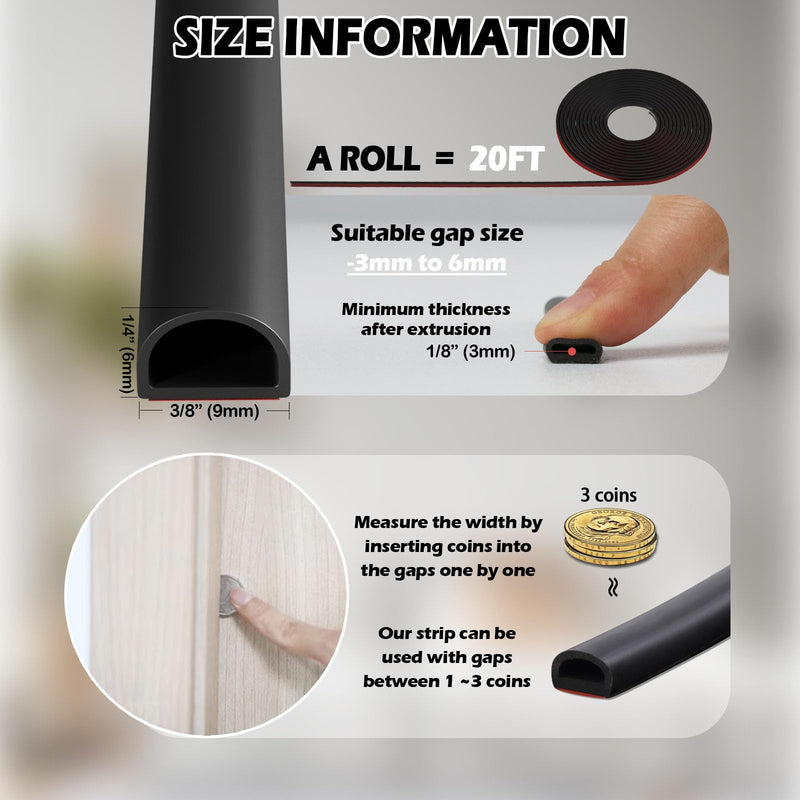 [Australia - AusPower] - Silicone Weather Stripping Door Seal 20 FT Self Adhesive D-Shaped Strip for Door/Window Backing Seals Large Gap (from 1/8" to 1/4") Black S (3/8"W × 1/4“T? 