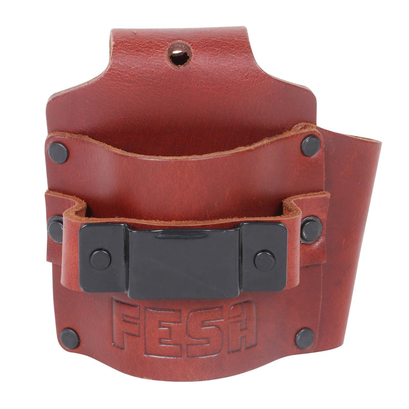 FESA Leather Tape Measure Holder - Measuring Tape or Drill Holder for Tool Belt with Steel Clip, Pencil Pocket & Heavy Duty Rivets - 2 Ways to Attach - Fits Any Belt - Handcrafted Cherry - With Hammer Pocket