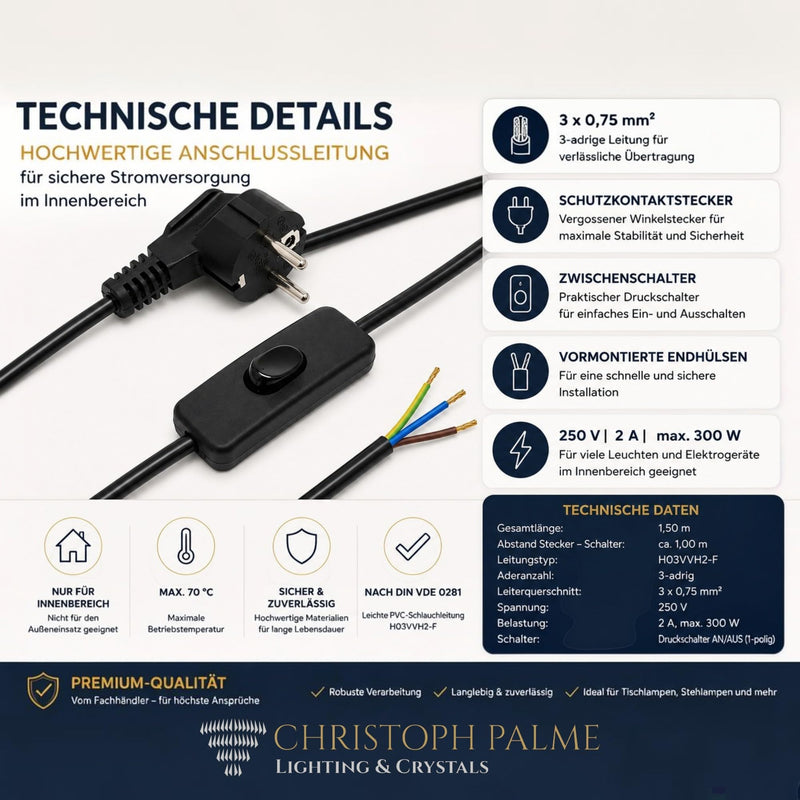 Connection Cable 1.5 m for Table Lamp or Ceiling Light 3 Core CE VDE 250 V Lamp Lead Black Cable + Toggle Switch Connecting Cable Fully Wired