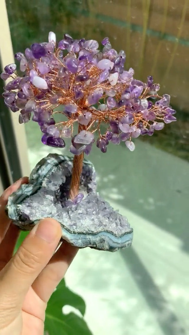 Natural Healing Stones Crystal Tree on Amethyst Druzy Base Bonsai Tree of Life for Health and Luck Healing, Home Office Indoor Outdoor Decor, Amethyst #5- Amethyst