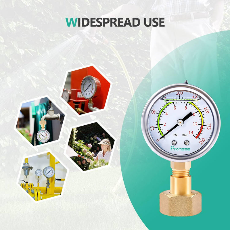 [Australia - AusPower] - Stainless Steel Water Test Pressure Gauge Kit 2" Dial Size,Guage+12"EPDM Rubber+1/4"LF Valve+1/4 to 3/4 Adapter,Lower Mount with Liquid Filled 0~200PSI(Color Coded) Gauge+1/4"valve+Rubber hose+Adapter 