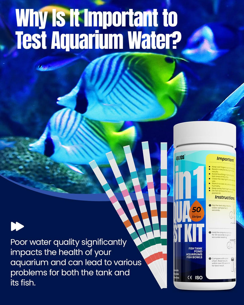 Aquarium Test Strips - 8-in-1 Aquarium Water Test Kit: Fish Tank Testing Kit for Freshwater & Saltwater, 50 Strips,Fast & Accurate Ammonia, pH, Hardness, & More， Lead Water Test Kit for Ponds W-8