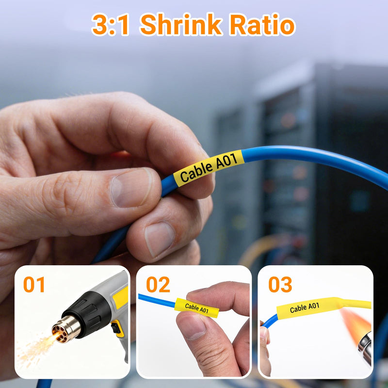 Compatible Label Tape Replacement for DYMO 18054 Heat Shrink Tube Labels, Use with DYMO Rhino 5200 4200 5000 6000 Industrial Label Makers (Black on Yellow, 3/8" x 4.9'), 5-Pack Black on Yellow 3/8"