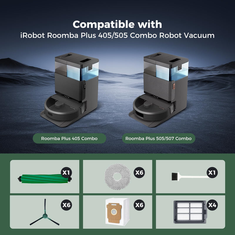 [Australia - AusPower] - 24 Pcs Accessories Kit for iRobot Roomba Plus 405 Combo/505 Combo/507 Combo Robot Vacuum Cleaner: 1 Main Brush, 6 Dust Bags, 6 Mop Pads, 4 Filters, 6 Side Brushes and 1Cleaning Brush(400/500 Series) Combo 405/505-SET24 