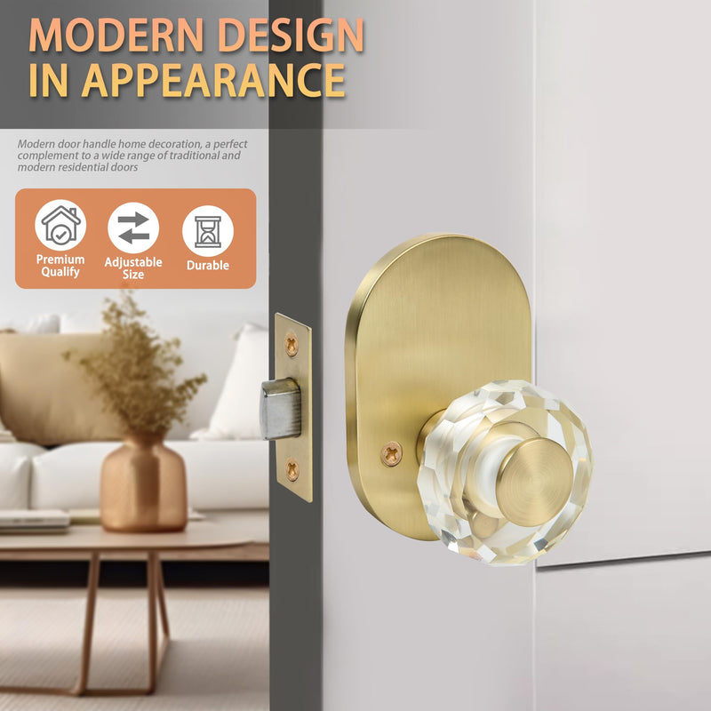 Gold Door Knob Interior, Privacy Door Knob for Bathroom and Bedroom, Premium Glass Door Knobs, Anti-Lock Function, Round Clear Crystal Bathroom Door Knob with Lock, 1 Pack Gold Plated