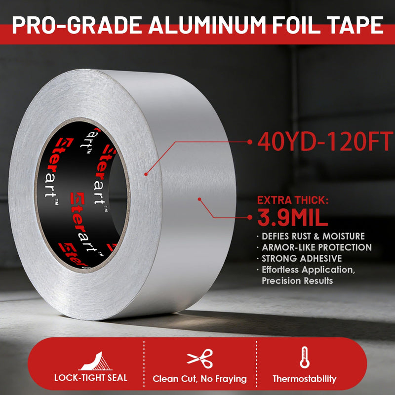 ETERART Aluminum Foil Duct Tape Heavy Duty,High Temperature Sealing and Patching,for HVAC,Air Ducts,Metal Repair, Foamboard,Insulation,Dryer Vent and More,2 Inch x 40 Yards,Silver 2 Inches x 40 Yards