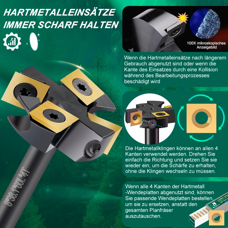 [Australia - AusPower] - BALUGAEA 8mm Shank Face Router Bit - 38.1mm Cutting Diameter - Fitted with 4 Interchangeable TiN Coated Carbide Blades 12x12mm 4Z S=8mm D=38,1mm L=60mm black 