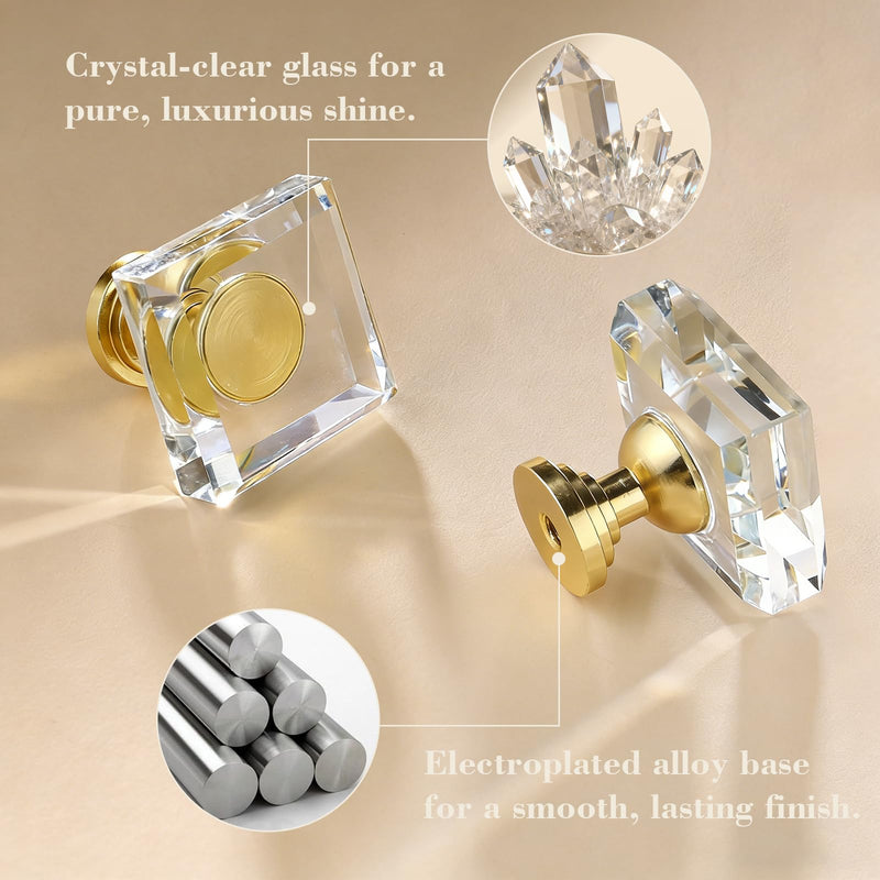 POZEAN Crystal Glass Cabinet Drawer Knobs, 12 Pack Glass Crystal Gold Dresser Knobs, 1-1/4 Inch Square Pulls Handles with Screws for Modern Kitchen Cupboard Bedroom and Bathroom Gold-Square