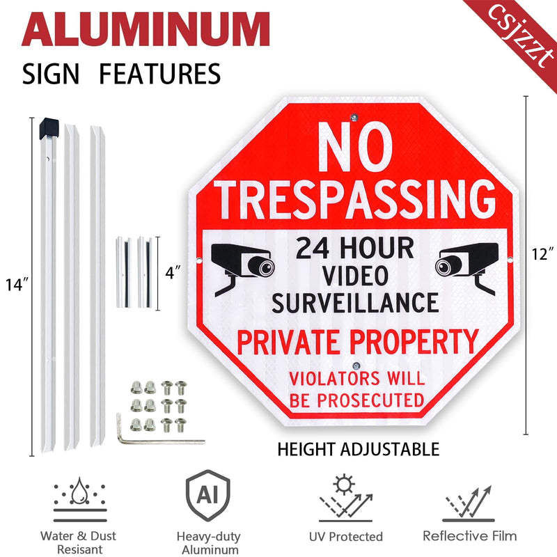 Large No Trespassing Signs Private Property Video Surveillance Sign with 42" Stake for Outside - 3 Pack - 12"x12" Engineering Grade Reflective Film, 050 Rust Free Aluminum, Reflective, Waterproof, Fade