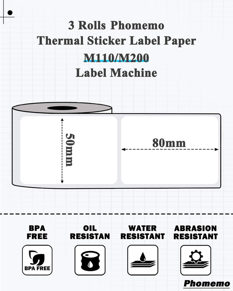 Phomemo Labels - Phomemo M110 Labels for M220/ M100/ M250/ M102/M221/M200/M108 Label Maker, 1.97"x3.15"(50x80mm), M110 Thermal Label 3Rolls, Sticker 100 Labels/Roll, Square, Black on White 1.96"*3.14"