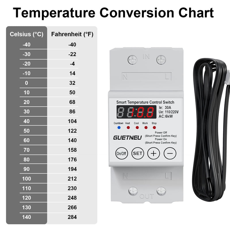 [Australia - AusPower] - 110/220V Temperature Controller, 63A LED Display Temperature Control Switch, -40℉to 284℉Adjustable Thermostat Control Heating and Cooling Mode, for Greenhouse, Hatchery, Cultivation 