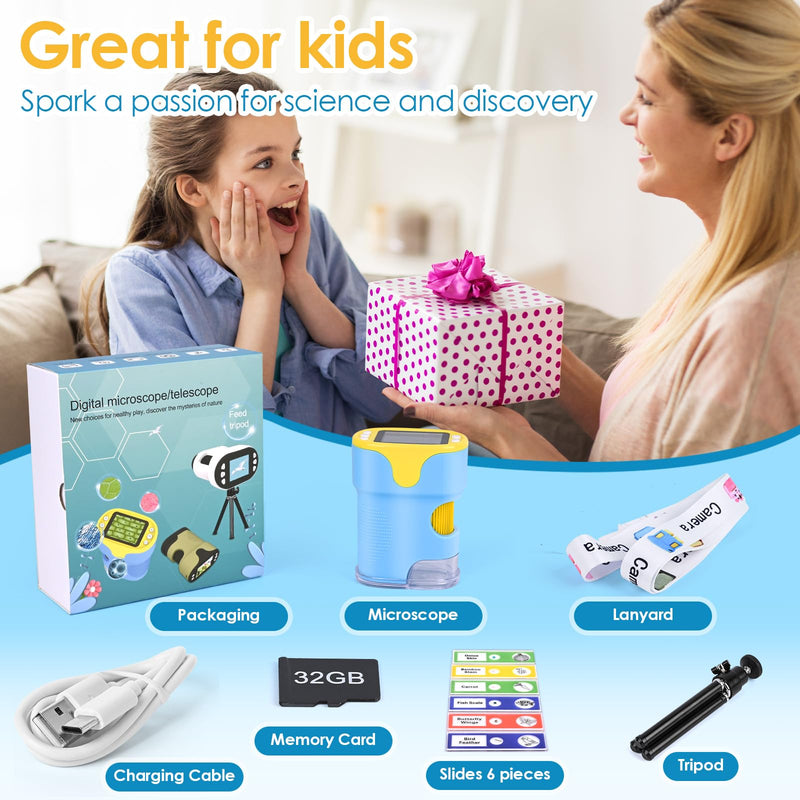 [Australia - AusPower] - Microscope for Children, Vankarr 1000X Digital Pocket Microscope, Portable Mini Mobile Phone Microscopes with 32GB SD Card, 2 Inch IPS Screen, Slide Samples, Gift for Children, Students, Blue 