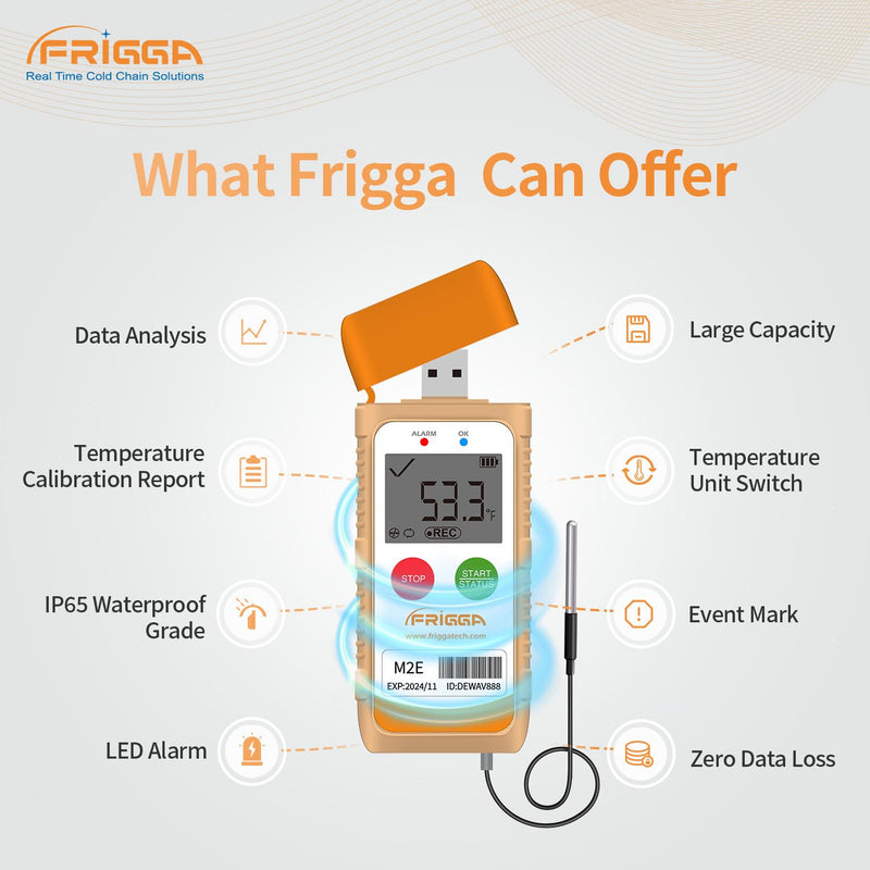 [Australia - AusPower] - Frigga M2E Reusable Temperature Data Logger with External Probe Multi-Use Digital Refrigerator Thermometer USB 14400 Points High Accuracy Temperature Recorder PDF CSV Report 1pack 