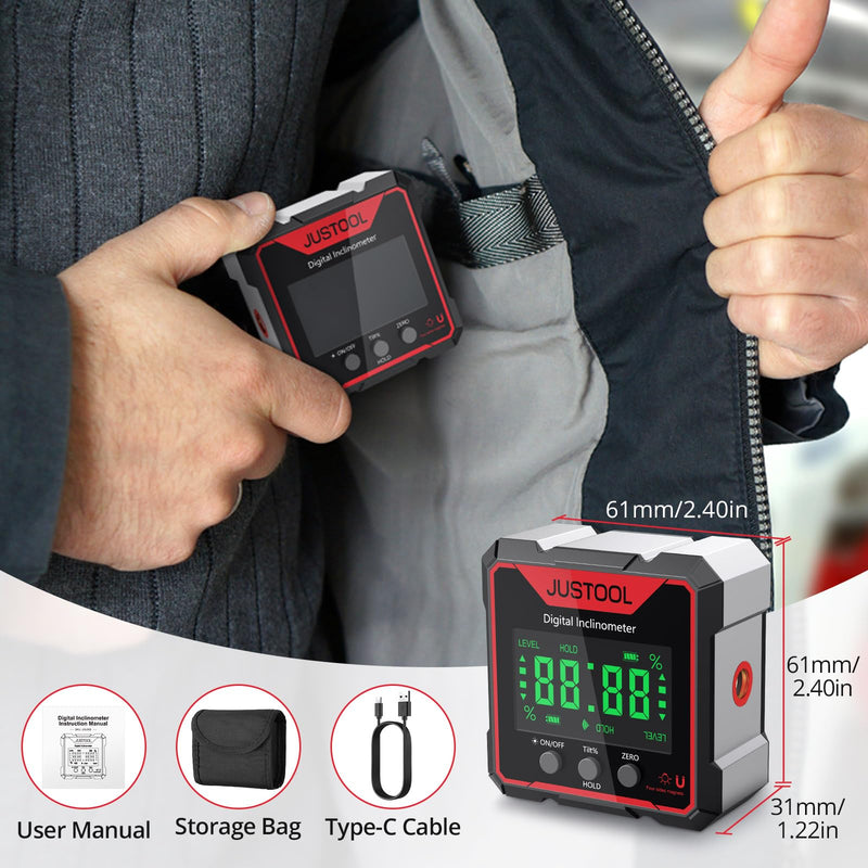 [Australia - AusPower] - JUSTOOL Digital Level Box Angle Finder Gauge with Electronic Laser 4-Side Strong Magnetic Angle Gauge Backlight Inclinometer Rechargeable Angle Measuring Device for Woodworking Renovations Red 