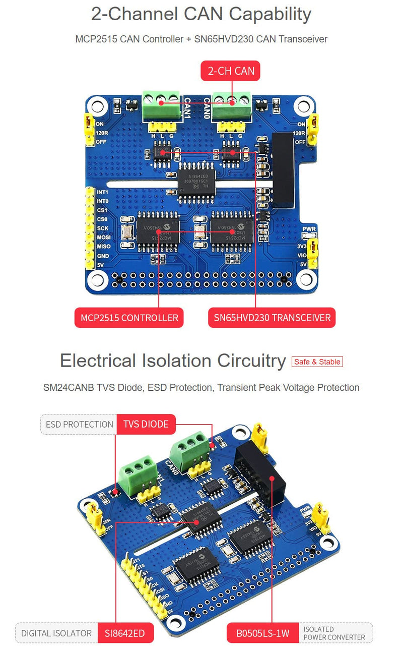 [Australia - AusPower] - Waveshare 2-Channel Isolated CAN Expansion Hat for Raspberry Pi with MCP2515 + SN65HVD230 Dual Chips Solution and Multi Onboard Protection Circuits 
