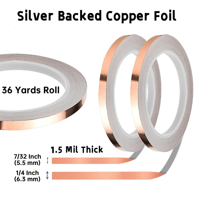 4 Rolls Silver Backed Copper Foil for Stained Glass, 2 x 7/32" and 2 x 1/4" Copper Foil Tape, with 2 Hand Foiler, 1 Burnisher mix