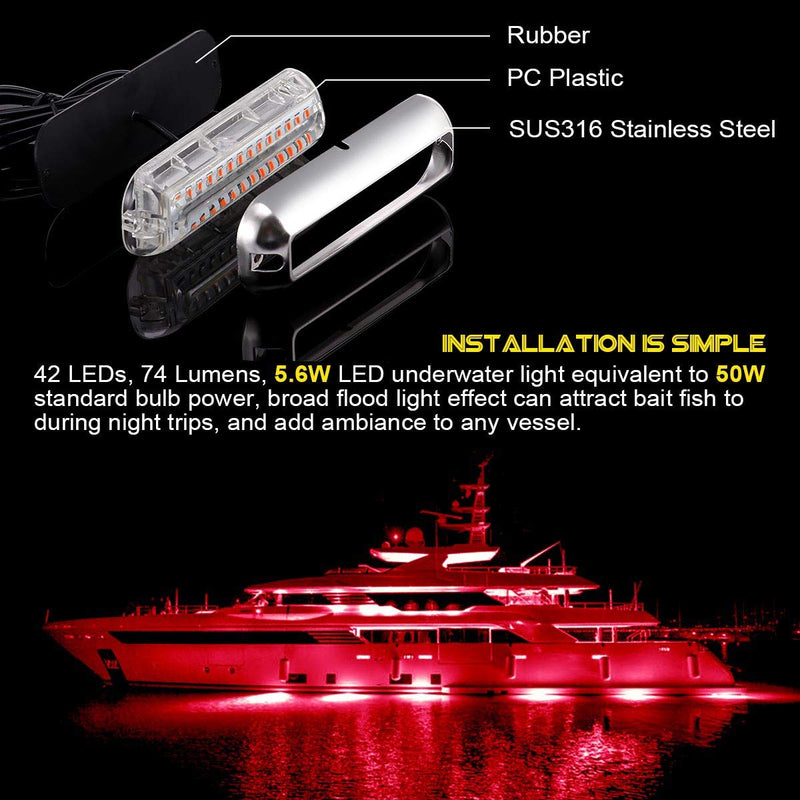 Kawell 42 LED Marine Navigation Light - Waterproof IP68 Stainless Steel Underwater Boat Light for Pontoon, Stern, Transom, Fishing Boats(Red 2pcs) Red 2 pack-42 LED