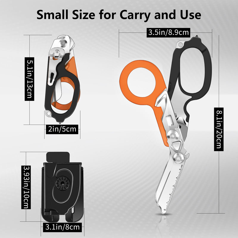 LEEPENK 6 In 1 Multi-function Foldable Emergency Response Shears With Strap Cutter and Glass Breaker, Outdoor Camping Emergency Scissors Tools With Holster ，Black-Orange Trauma Shears Black-orange