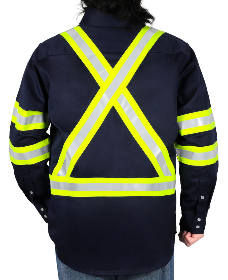 VATRENUS FR Shirt High Visibility Pearl Snaps7.5oz 100% Cotton CAT2 Flame Retardant Hi Vis Reflective Safety Shirt Medium Navy