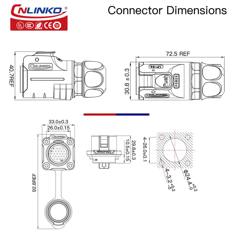 [Australia - AusPower] - CNLINKO LP-24 24 Pin Waterproof Connector 5A 250V AC Quick Plug Circular Connector PBT Plastic Shell Fast Release Aviation Connector M24 Flange Socket (24 Pin) M24 Pin Connectors 