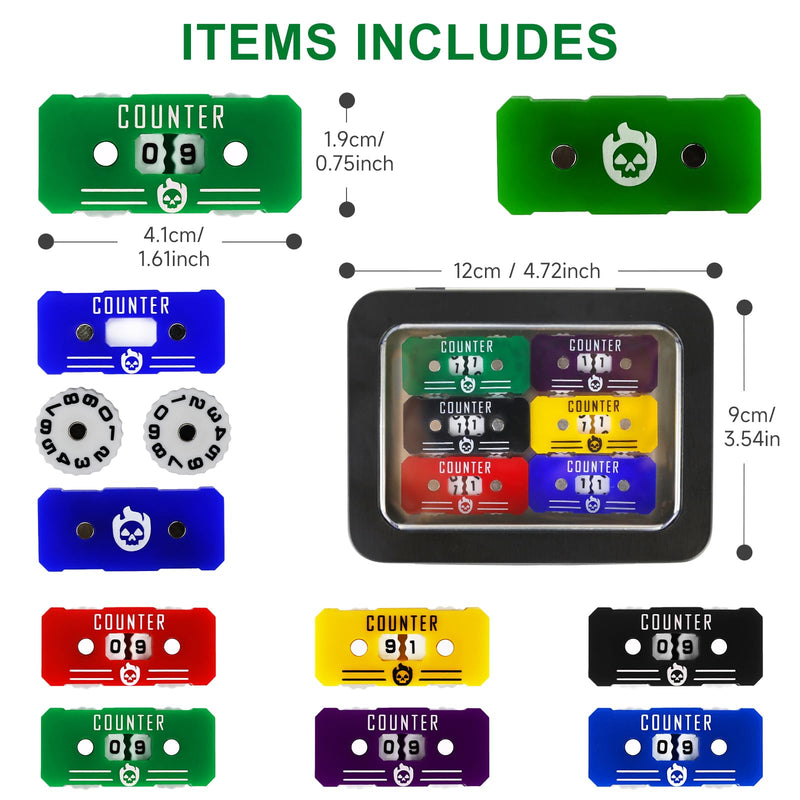 [Australia - AusPower] - 6PCS Life Counter Set with Metal Box, Health Tracker Life Counters Twin Digits for Magic Card Games Accessories D&D RPG CCG TCG Tabletop Board Games A Color Matching-6pcs 