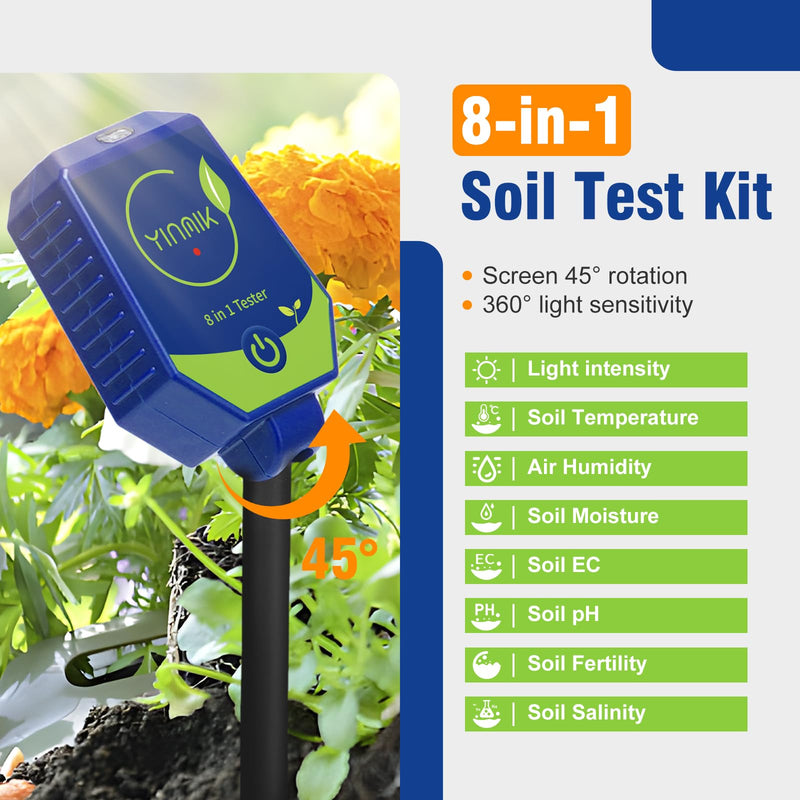 [Australia - AusPower] - YINMIK pH Moisture Meter Smart Soil Test Kit Garden pH Meter Hygrometer pH Conductivity Meter for Hydroponic 8 in 1 Farm pH Moisture pH Moisture EC Fertility Salt Sunlight Air Humidity Temp Tester 8 in 1 Soil pH meter 