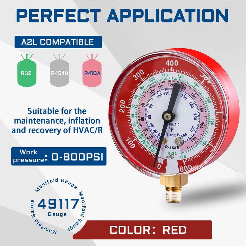 Upgrade 49117 A2L Manifold Gauge - Red, 3-1/8" (80 mm) Gauges, Compatible with R32, R454B, R410A Professional HVAC/R Tool, Working Pressure 0-800 PSI, Npt Thread, Color-Coded Scales