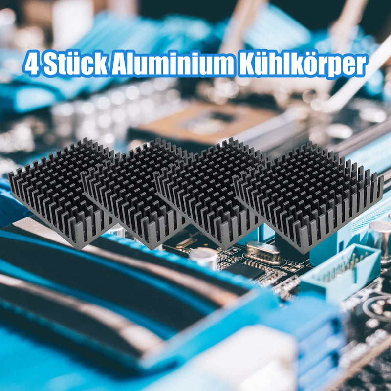 Heat Sink Aluminum Heatsink Self-Adhesive 40 x 40 x 11 mm Pack of 4 | Black aluminum heat sink with adhesive sticker, for computer hosts, 3D printers, routers, IC, LED and servers etc