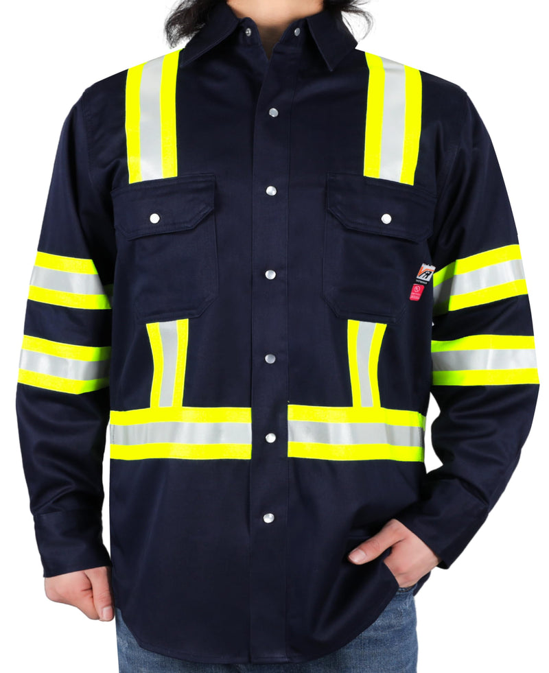 VATRENUS FR Shirt High Visibility Pearl Snaps7.5oz 100% Cotton CAT2 Flame Retardant Hi Vis Reflective Safety Shirt Medium Navy