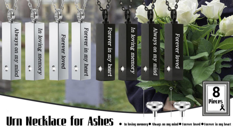 8 Pcs Urn Necklace For Ashes Urn Necklace Stainless Steel Cremation Jewelry For Women Men Cylinder Memorial Necklaces Keepsake Pendant With Funnel(Silver,Black)