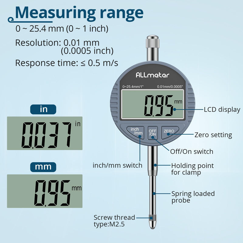 [Australia - AusPower] - ALLmeter Digital Dial Indicator with Magnetic Holder Digital Caliper Calliper Digital Dial Gauge Ignition Time 0-25.4 mm/1 Inch Measuring Probe Metric Conversion with LCD Display Dial Gauge Digital silver 70kg Digitale Messuhr 