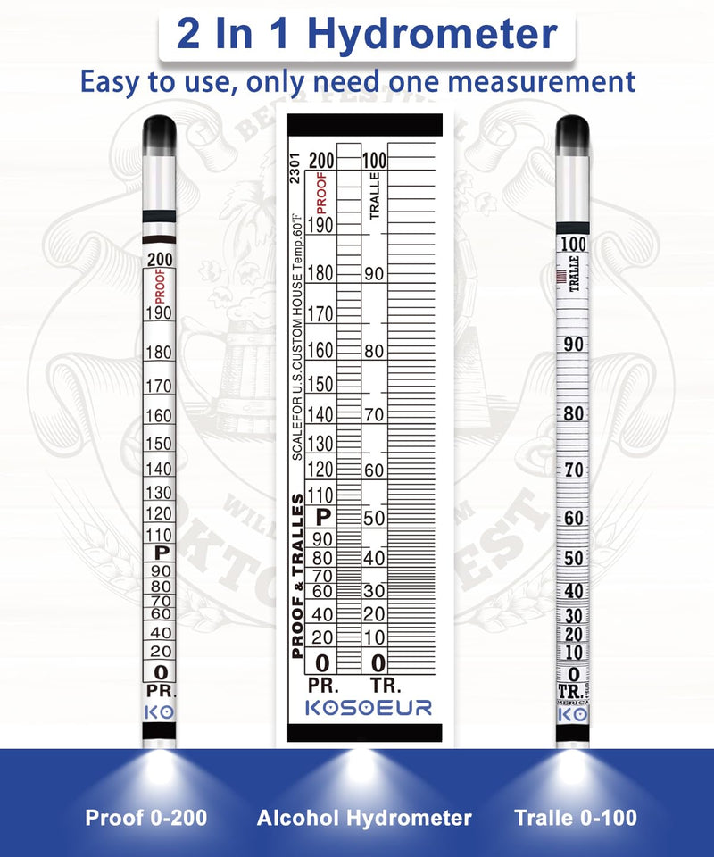 [Australia - AusPower] - Hydrometer Alcohol Meter Kit, Hydrometer Alcohol 0-200 Proof and Tralle, Alcohol Tester for Liquor, Alcohol Hydrometer for Moonshine, Liquor, Spirits, Proofing, Distilling, with Hydrometer Test Jar 