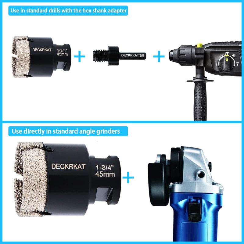 [Australia - AusPower] - Diamond Hole saw, 1-3/4" Hole Saw for Tiles Granite Marble Ceramic Glass Porcelain, 45mm Core Drill Bit with 5/8-11 Thread and 3/8” Hex Shank Adapter for Angle Grinders & Drills 1-3/4"(45mm) 