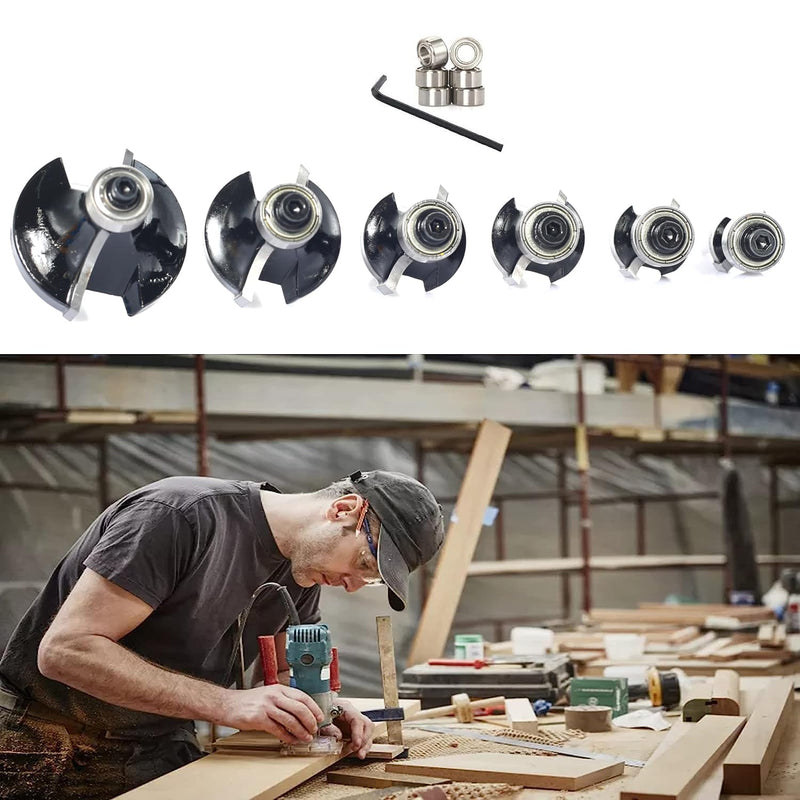 [Australia - AusPower] - 6pcs Roundover Router Bit Set - Round Over Router Bits 1/4 Shank with 6 Bearings 3/8", Carbide Corner Rounding Edge-Forming Bit, for Round Over Beading, for Rounding Trim 6pcs roundover bit 
