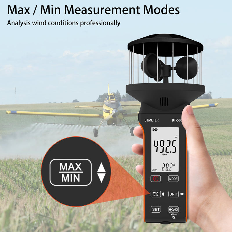 BTMETER Cup Anemometer - Handheld Airflow Meter BT-5000G Wind Speed Meter with LCD Backlight, Max/Avg/Current Mode to Measure CFM Air Flow Velocity Volume & Wind Temp for HVAC Sailing Drone Golf Black