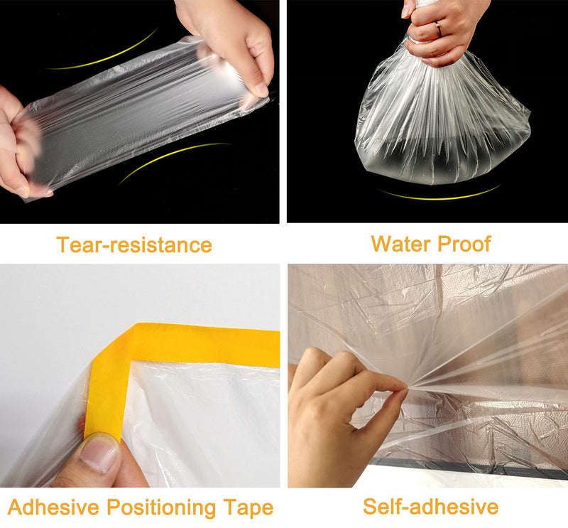 Muf 2 x 65 Feet Plastic Drop Cloth Plastic Sheeting with Masking Tape,Waterproof Protective Masking Film,Prevent Dust Paint for Car,Furniture,Carpet,Floor,3 Pack 3 2 × 65 feet