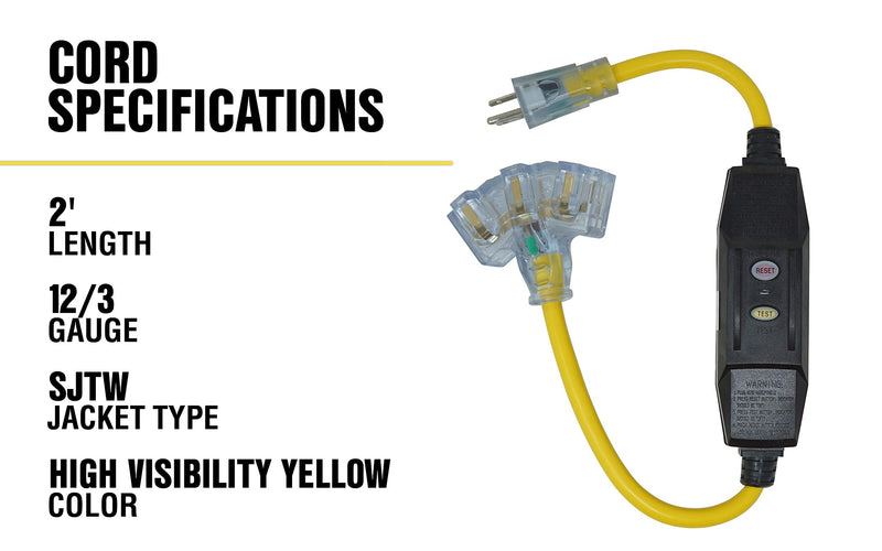 Southwire Yellow Jacket 2816 Coleman GFCI Quad In-Line Power Block - 125 V - 15 A - 12/3 AWG SJTW - 3-Outlet - Yellow - Durable Electrical Cord