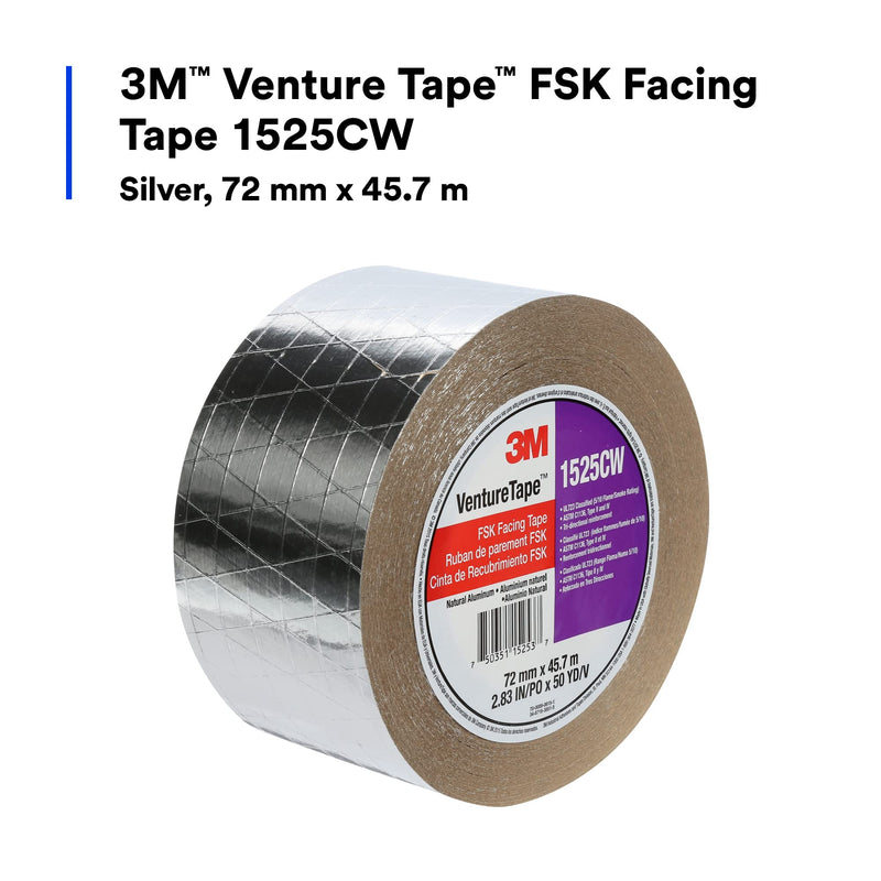 3M Venture Tape FSK Facing Tape 1525CW, Pressure Sensitive, Cold Weather Adhesion, Foil, Scrim, Kraft, UL723 Classified, 2.83 in x 50 Yd (Pack of 1)