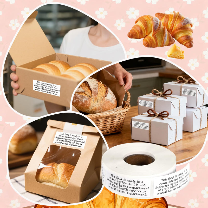500pcs Cottage Food Law Labels Stickers, 2x1in Square Thermal Printed Adhesive Baked Bread Jam Jar Labels Made in Home Kitchen Baking Inspection Statement for Homemade Bakery Food Packaging