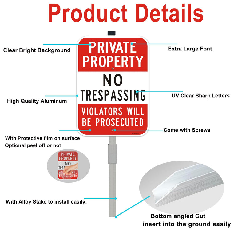 Large (2 Pack) No Trespassing Sign Private Property, 10 x 14 Inches Metal Signs Includes 36" Alloy Long Stake for Easy Installation, Rust-Free& Fade Resistant 10" x 14" with stake