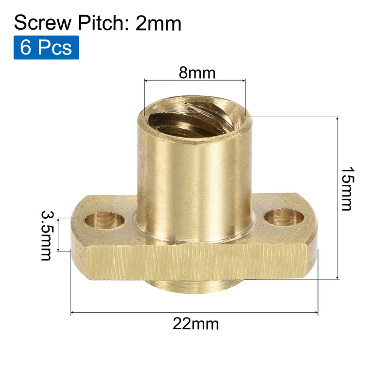 MECCANIXITY T8 Lead Screw Trapezoidal Nut 2mm Pitch 8mm Lead for 3D Printer Brass Tone Pack of 6