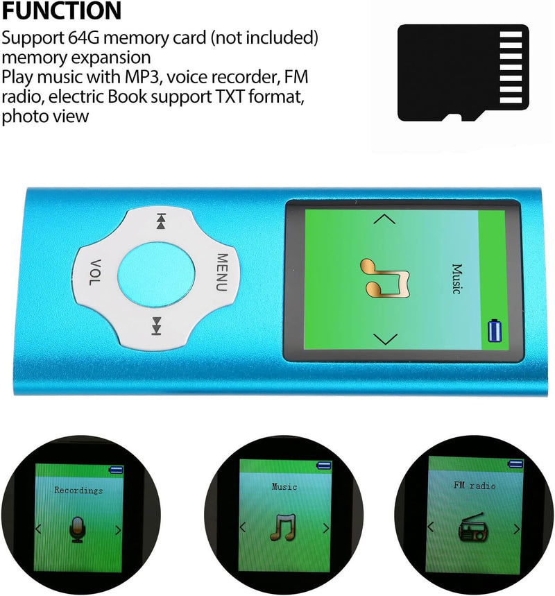 [Australia - AusPower] - MP3 Player / MP4 Player, Hotechs MP3 Music Player with 32GB Memory SD Card Slim Classic Digital LCD 1.82'' Screen Mini USB Port with FM Radio, Voice Record Blue 