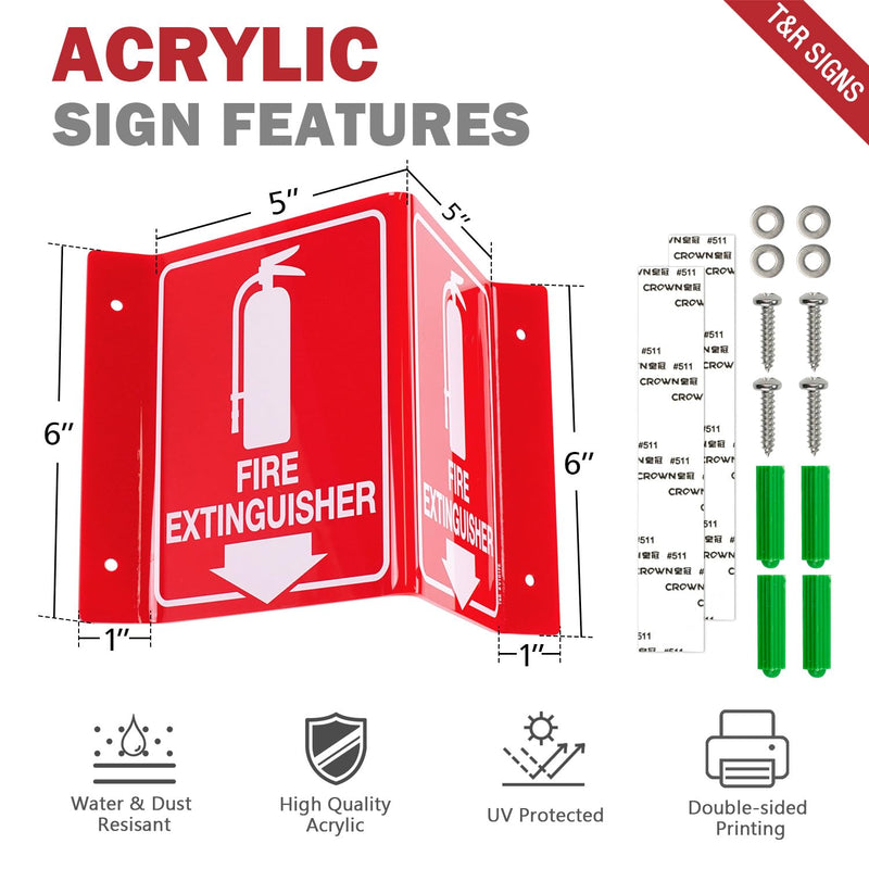 T&R Fire Extinguisher Sign, Fire Extinguisher with Down Arrow - 4 Pack - 8 x 6 Inches Acrylic, 4 pre-drilled holes, Includes Matching Screws, Use for Home Office/Business V - 4 Pack