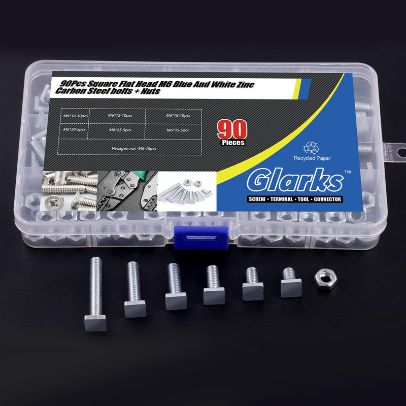[Australia - AusPower] - Glarks 90pcs M6 x 10/12/16/20/25/35MM Square Head Bolt Kit, Zinc Plated Fully Thread Carbon Steel Grade 4.8 Square Machine Screws Bolt with Hex Nut for Machinery Electrical Connections Construction 
